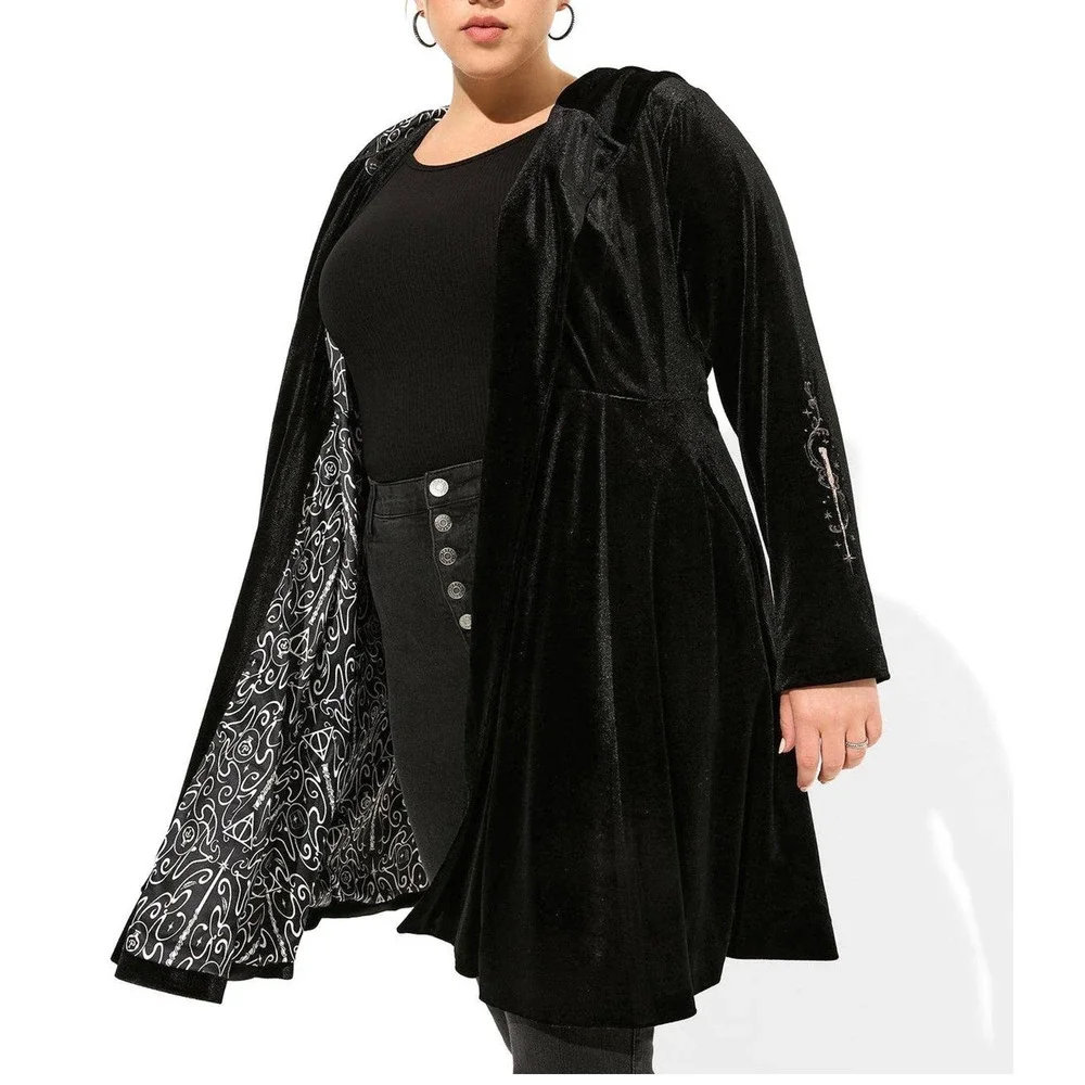 New Torrid 3 (3X 22/24) Harry Potter Black Velvet Hooded Swing Coat w/Embroidery